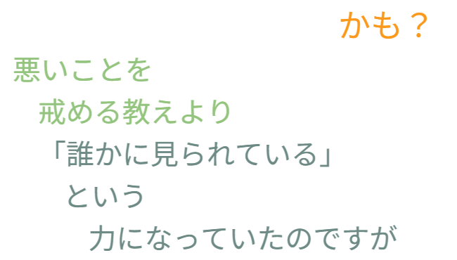 これまでは、   悪いことを戒める教えより   「誰かに見られている」という意識が   欲望を抑える力となっていたようです。