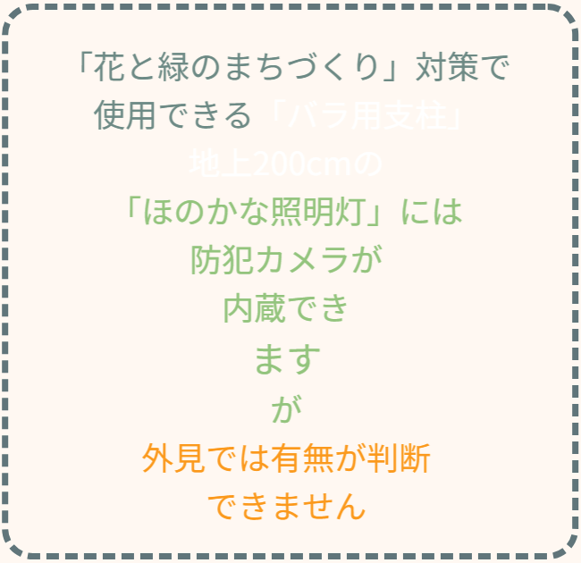 「花と緑のまちづくり」対策として使用される地上200cmのバラ用支柱には、ほのかな照明灯と防犯カメラを内蔵することが可能です。外見からはカメラの有無が判断できないため、犯罪抑止力と景観保持を両立する構造的特徴を持っています。