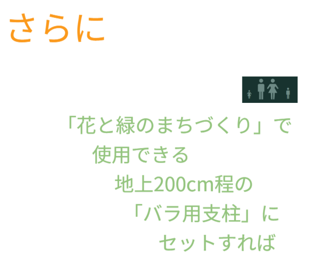 防犯カメラを内蔵できる照明灯を、地上約200cmの「バラ用支柱」に設置し、その存在を公表することで、犯罪者の目に留まりやすくなり、防犯カメラの有無にかかわらず抑止力が働くことを示しています。ただし、安心を再構築するには広報活動が必要であることも伝えています。