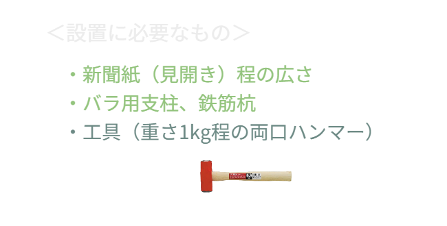 設置に必要な条件と道具のリスト。スペースは「新聞紙見開き1枚分」、材料は「支柱と杭」のみ。必要な工具は「ハンマー1本」だけという、極めて低い導入ハードルを提示。 / List of requirements and tools. Space: "Spread newspaper size." Materials: "Trellis and Stake" only. Tool: Just "One Hammer." Highlights the extremely low barrier to entry.