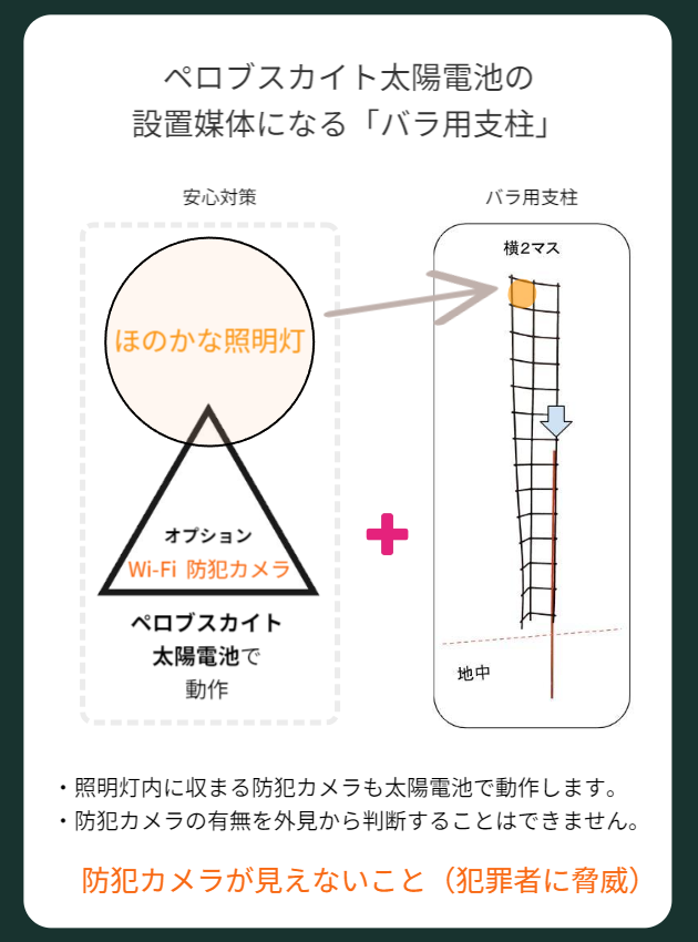 ペロブスカイト太陽電池によって電源不要で動作する「ほのかな照明灯」「Wi-Fi防犯カメラ」「安心対策」の三角構成を、横2マス・地中構造のバラ用支柱に組み込むことで、景観と防犯を両立する技術的・思想的な図解を示しています。