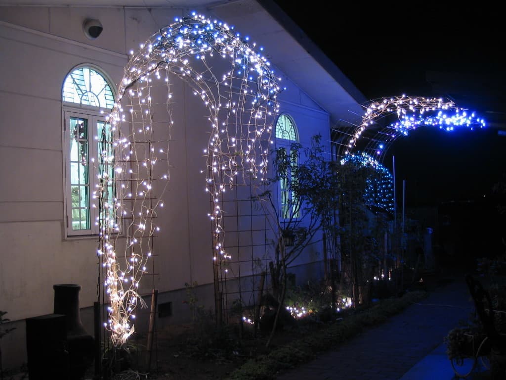 バラ用支柱を使ったお庭の状態（イルミネーション）