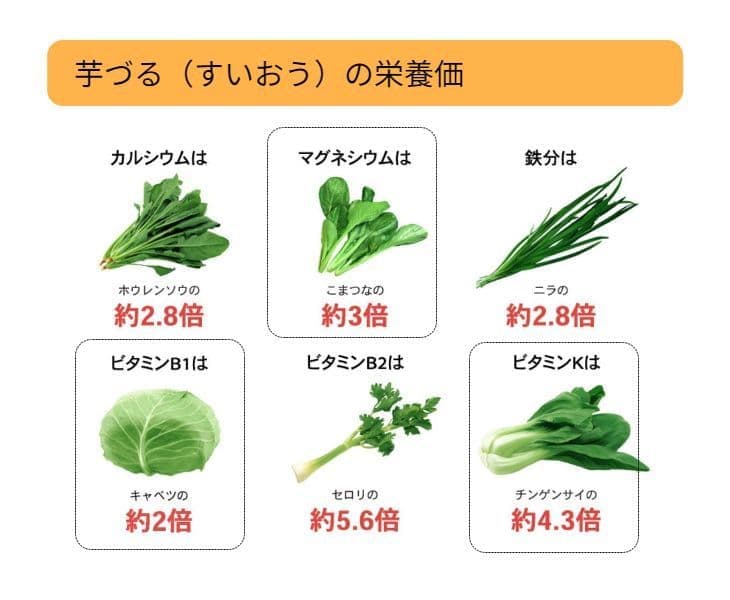 芋づる（すいおう）はホウレンソウ比Ca約2.8倍、小松菜比Mg約3倍、ニラ比Fe約2.8倍、キャベツ比B1約2倍、セロリ比B2約5.6倍、チンゲンサイ比K約4.3倍の栄養価
